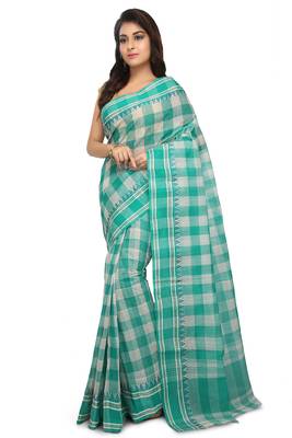 Green plain cotton saree without blouse 1