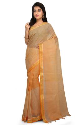 Orange plain cotton saree without blouse 1