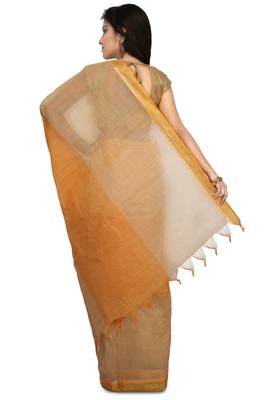Orange plain cotton saree without blouse 2