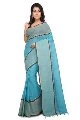 Blue plain cotton saree without blouse 1