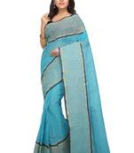 Blue plain cotton saree without blouse