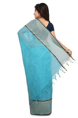 Blue plain cotton saree without blouse 2