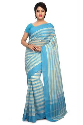 Blue plain cotton saree without blouse 1