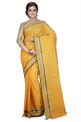 Yellow plain cotton saree without blouse 1