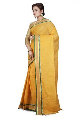 Yellow plain cotton saree without blouse 2