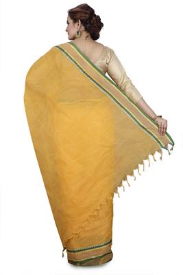 Yellow plain cotton saree without blouse 3