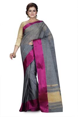 Grey plain cotton saree without blouse 1