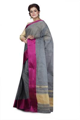 Grey plain cotton saree without blouse 2