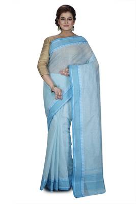 Blue plain cotton saree without blouse 1