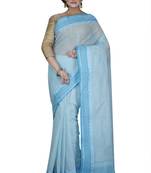 Blue plain cotton saree without blouse