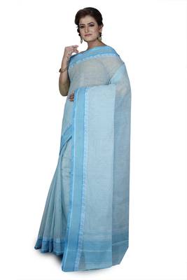 Blue plain cotton saree without blouse 2