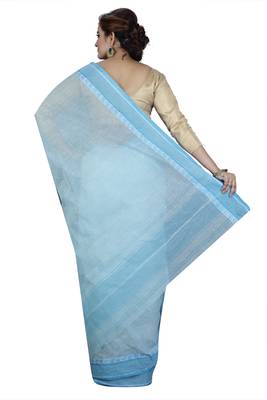 Blue plain cotton saree without blouse 3