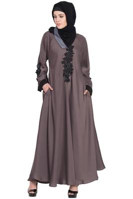 Nazneen Embroidered Patch Umbrella Coffee Brown Abaya 1