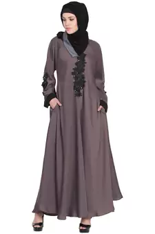 Nazneen Embroidered Patch Umbrella Coffee Brown Abaya