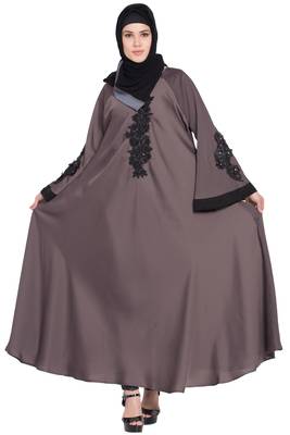 Nazneen Embroidered Patch Umbrella Coffee Brown Abaya 2