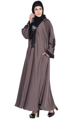Nazneen Embroidered Patch Umbrella Coffee Brown Abaya 3