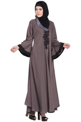 Nazneen Embroidered Patch Umbrella Coffee Brown Abaya 4