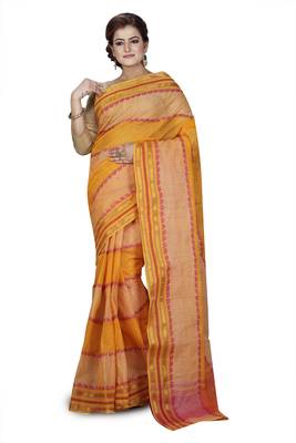 Yellow plain cotton saree without blouse 1