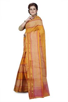 Yellow plain cotton saree without blouse 2