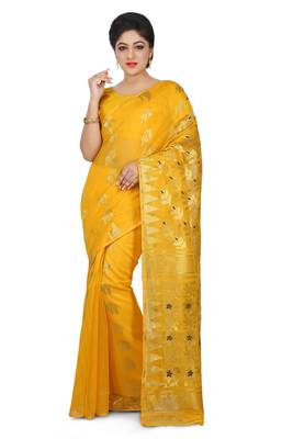 Yellow plain cotton silk saree without blouse 1