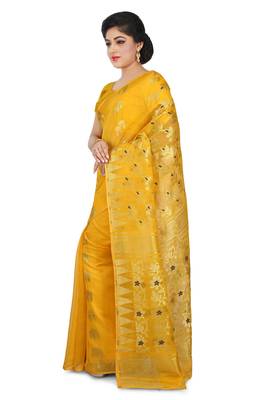 Yellow plain cotton silk saree without blouse 2