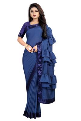 Navy blue plain faux art silk ruffle saree with blouse 1