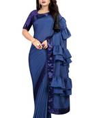 Navy blue plain faux art silk ruffle saree with blouse