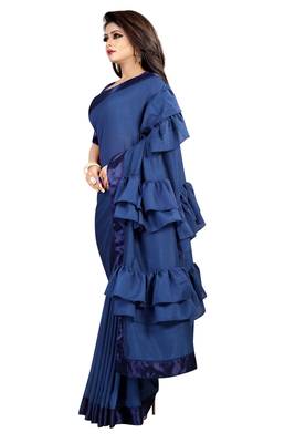 Navy blue plain faux art silk ruffle saree with blouse 2