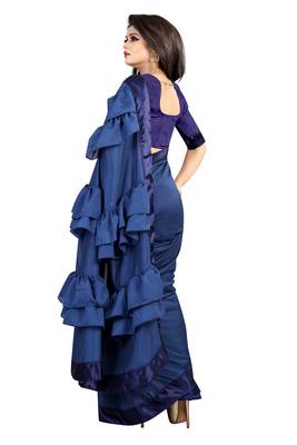 Navy blue plain faux art silk ruffle saree with blouse 3