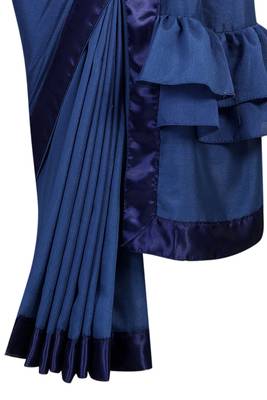 Navy blue plain faux art silk ruffle saree with blouse 4
