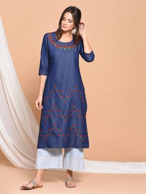 Blue embroidered cotton  kurti 1