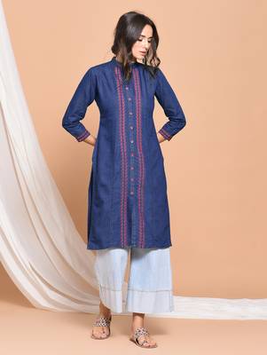 Blue embroidered cotton  kurti 1