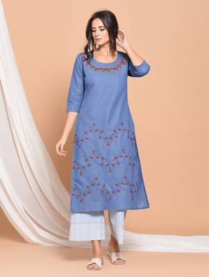 Blue embroidered cotton  kurti 1