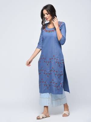 Blue embroidered cotton  kurti 3