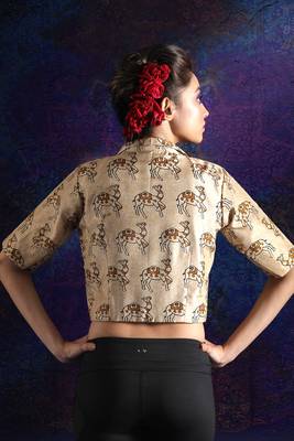 Beige Camel Printed Silk Blouse With Collar 2