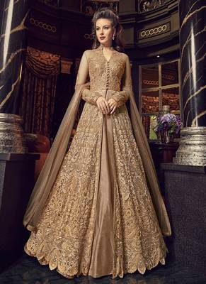 Beige embroidered net anarkali with dupatta 1
