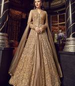 Beige embroidered net anarkali with dupatta