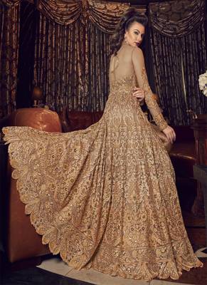 Beige embroidered net anarkali with dupatta 2