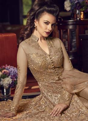 Beige embroidered net anarkali with dupatta 3
