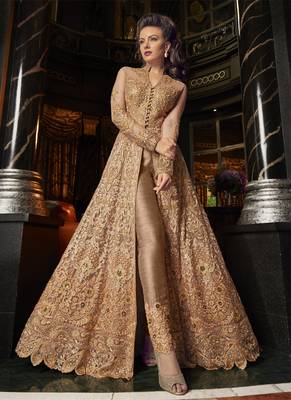 Beige embroidered net anarkali with dupatta 4