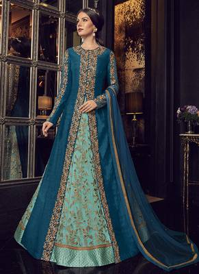 Teal blue  embroidered silk anarkali with dupatta 1