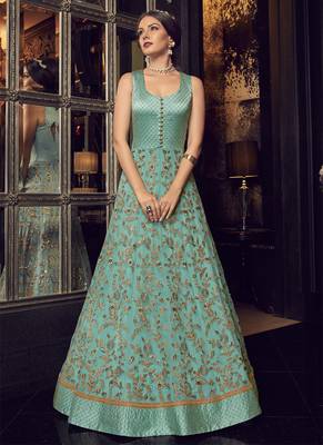 Teal blue  embroidered silk anarkali with dupatta 2