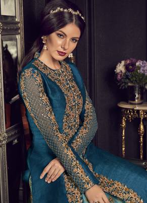 Teal blue  embroidered silk anarkali with dupatta 3