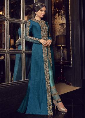 Teal blue  embroidered silk anarkali with dupatta 4