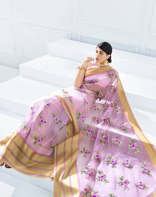 Purple embroidered tissue saree with blouse 2