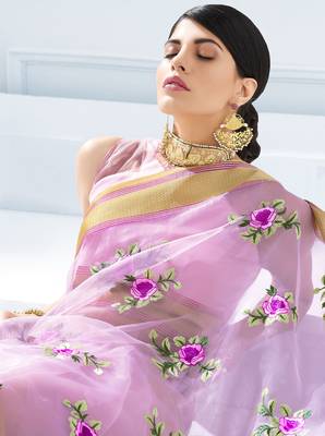 Purple embroidered tissue saree with blouse 3