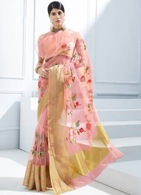 Pink embroidered tissue saree with blouse 1