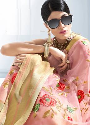 Pink embroidered tissue saree with blouse 2