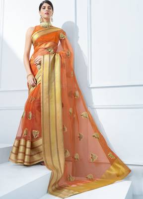 Brown embroidered tissue saree with blouse 1