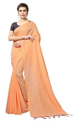 Orange plain linen saree with blouse 1